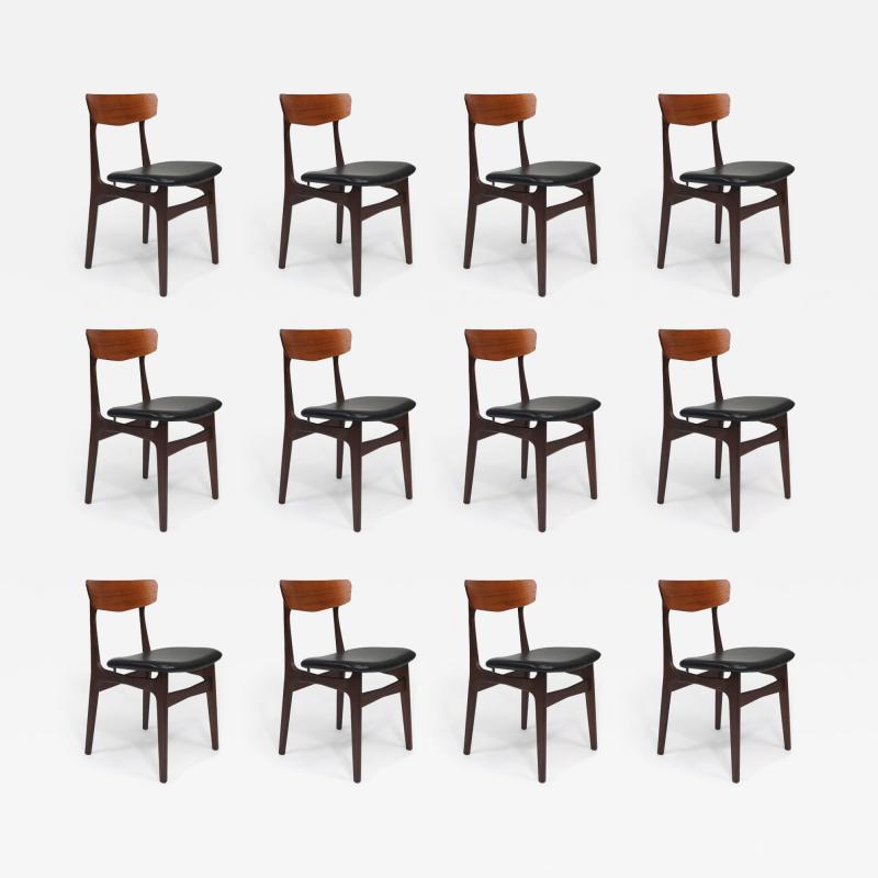 Twelve Danish Teak Dining Chairs in Black Leather