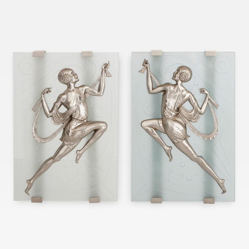 Two Art Deco style frosted glass and silvered bronze wall sconces