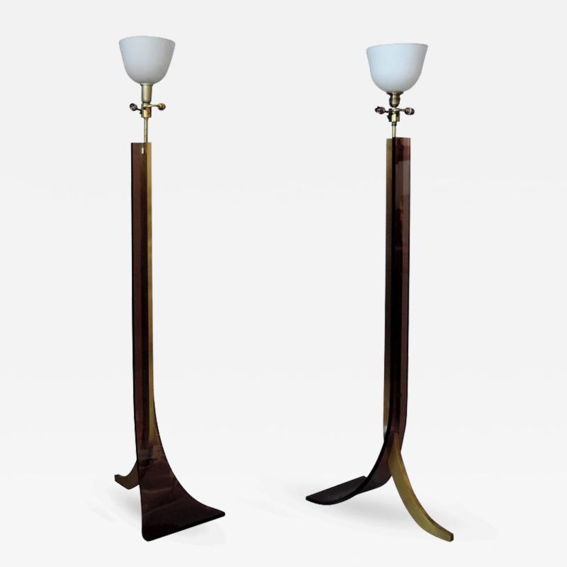 Two Fine French 1970s Brass and Plexiglass Floor Lamps