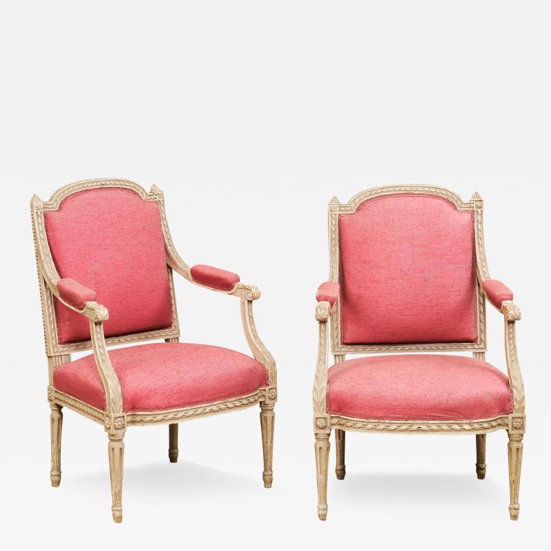 Two French Louis XVI Style Painted Armchairs with Richly Carved D cor Sold Each