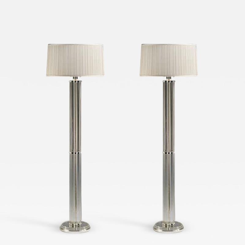 Two French Mid Century Modern Style Solid Crystal Silver Plate Floor Lamps