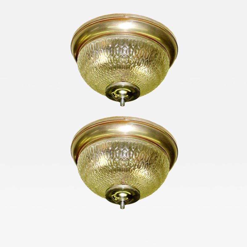 Two French Mid Century Textured Glass Flush Mount Fixtures