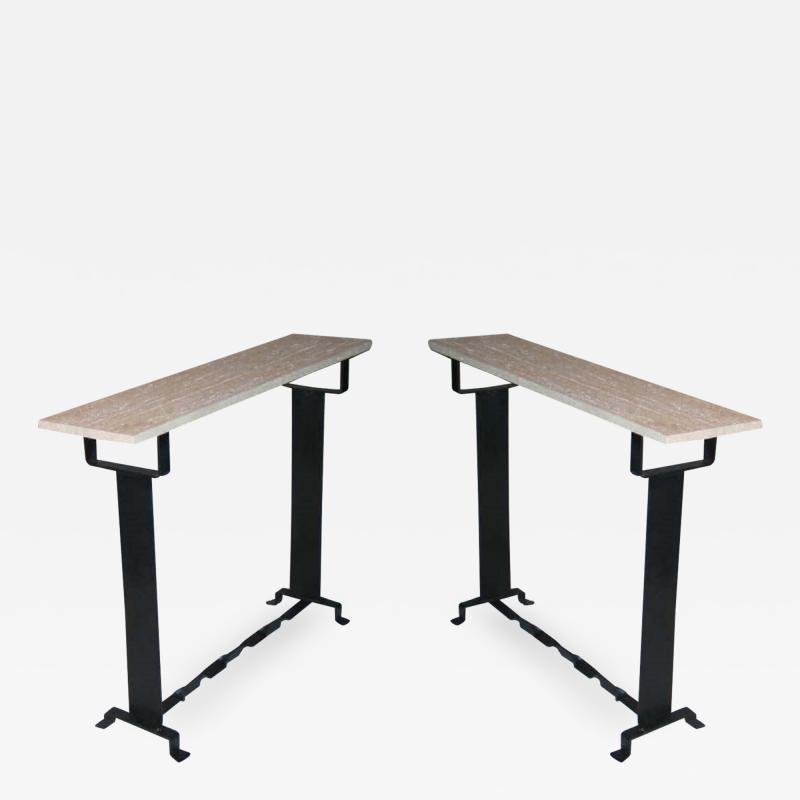 Two French Midcentury 1930 Style Wrought Iron Stone Consoles