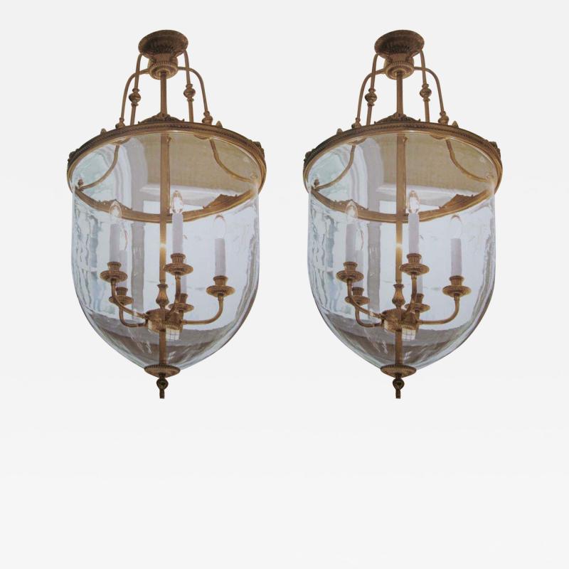 Two French Modern Neoclassical Style Brass and Blown Glass Chandeliers Lanterns