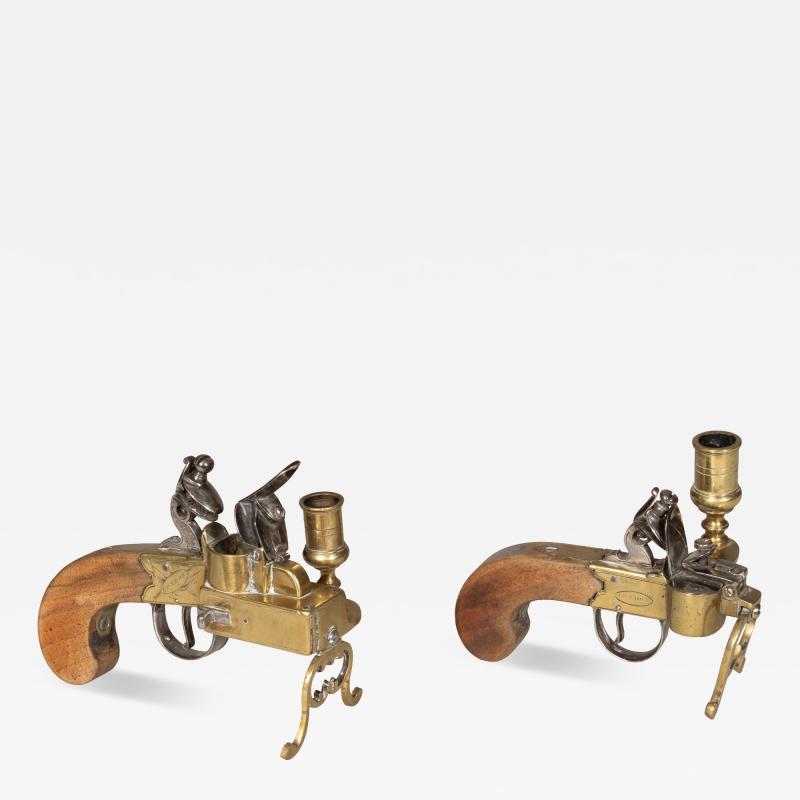 Two Georgian Brass And Iron Flintlock Pistol Form Tinder Lighters