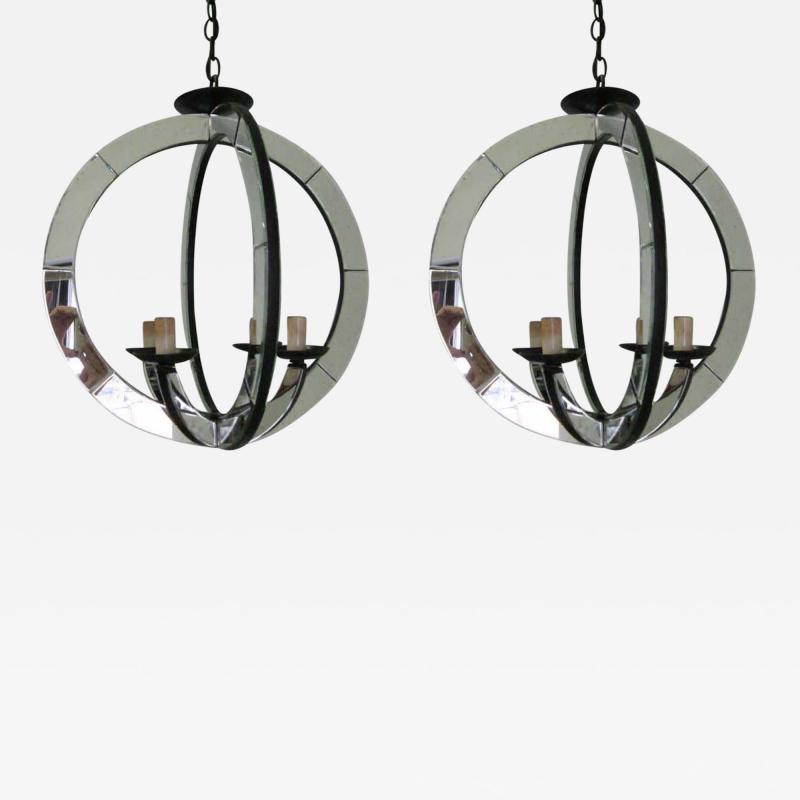 Two Italian Mid Century Modern Style Astrolabe Mirrored Pendants Chandeliers