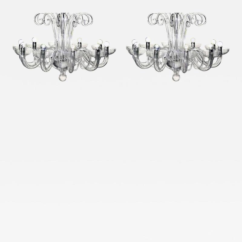Two Italian Midcentury Style Clear Murano Venetian Glass Ten Arm Chandeliers