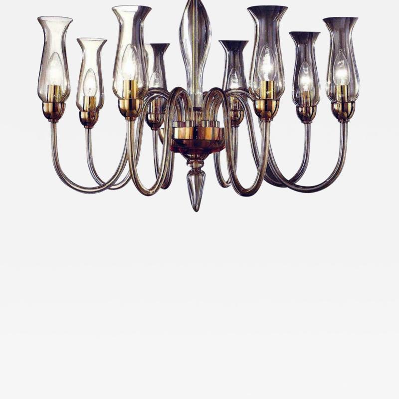 Two Italian Modern Neoclassical Amber Murano Glass Chandeliers with Glass Shades