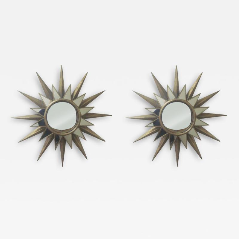 Two Large French Mid Century Modern Style Gilt Iron Mirrored Sunburst Mirrors