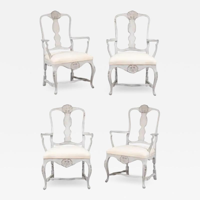 Two Pairs of Scandinavian Rococo Style Painted Armchairs