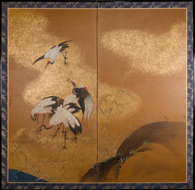 Two Panel Screen A Sedge of Cranes in a Rolling Landscape with Gold Dust Clouds