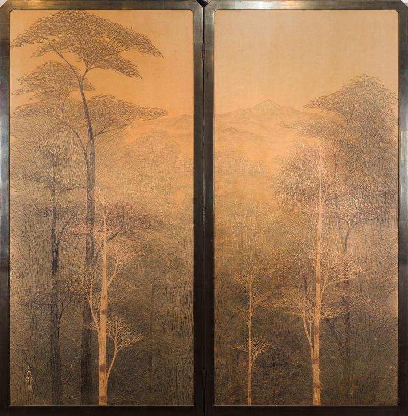 Two Panel Screen Autumn Forest with Mountain Rare Obara Paper Art Screen