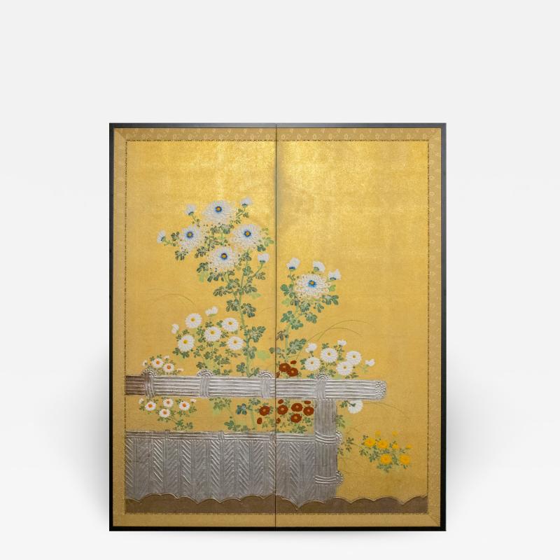 Two Panel Screen Rimpa Style Painting of Chrysanthemums on a Twig Fence