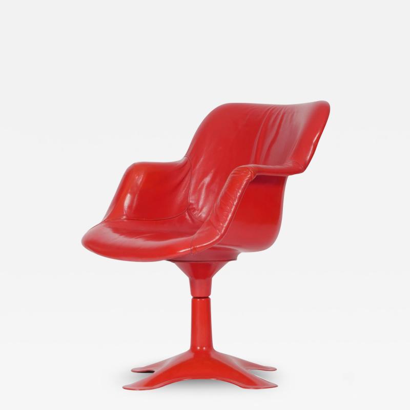 Two Yrjo Kukkapur red leather Junior chairs by Hami Finland c1960 