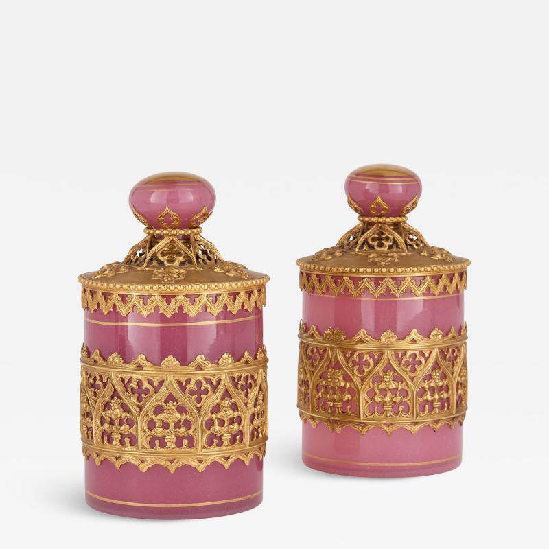 Two antique French opaline glass toilet boxes