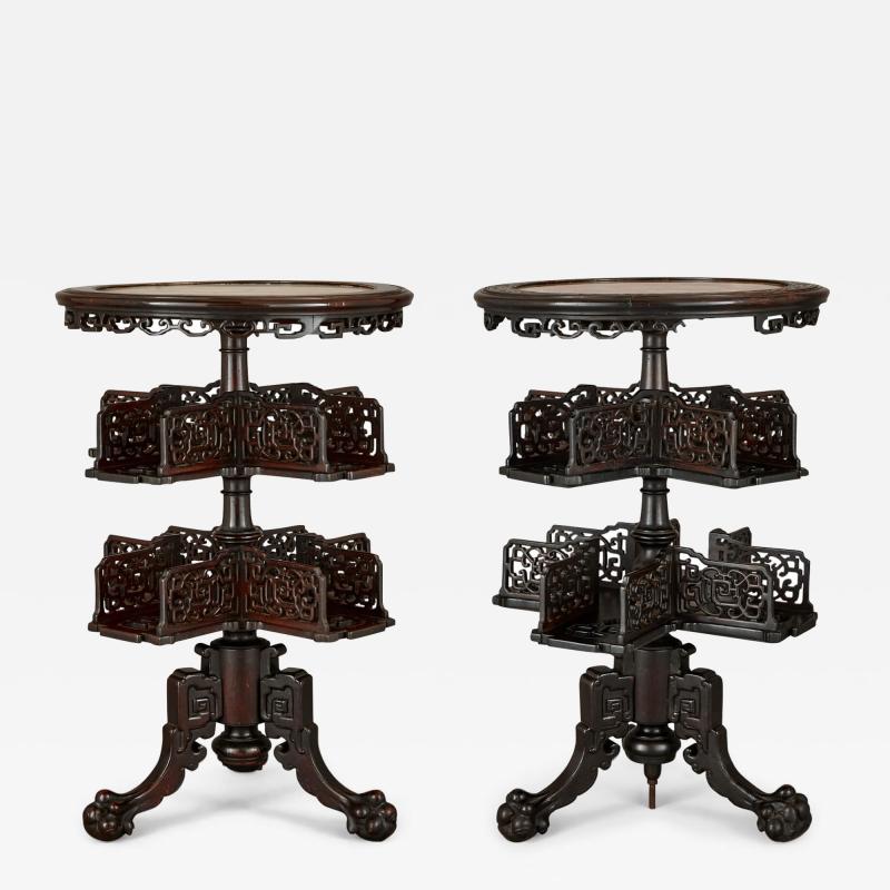 Two carved wood marble and onyx Chinese tables