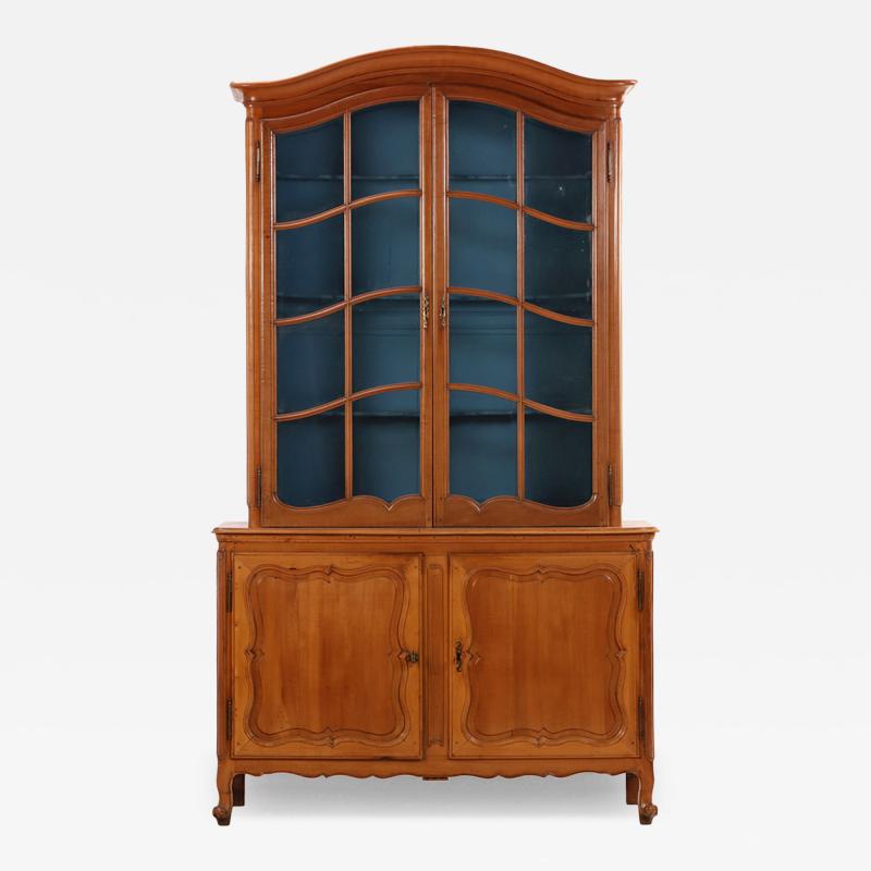 Two part French Provincial Cherry Cabinet Having Painted Blue Hutch 19th C 