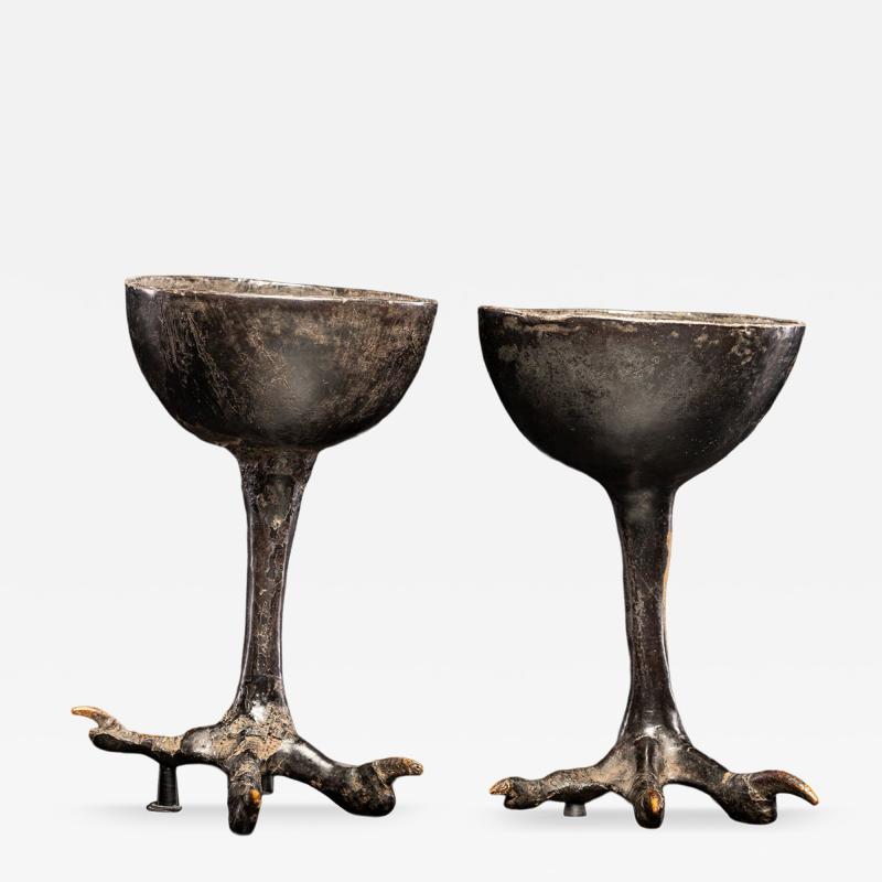 Two wooden witchcups mounted on birdlegs