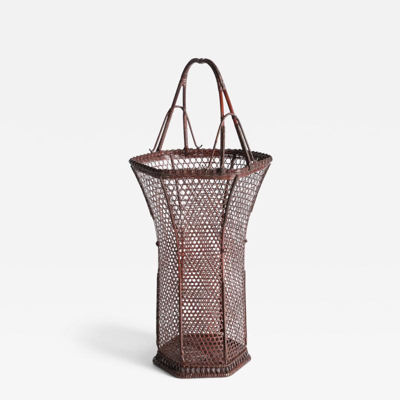 Ueda Shounsai Splayed Handled Flower Basket in Hexagonal Plaiting ca 1940