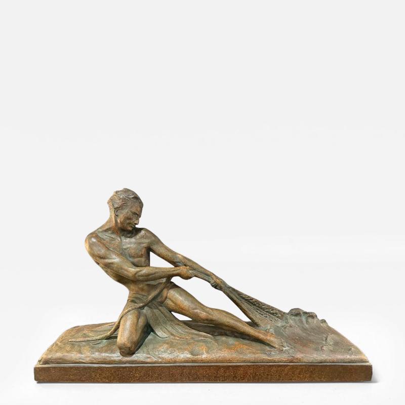 Ugo Cipriani Art Deco Bronzed Terracotta Sculpture The Fisherman by Ugo Cipriani France