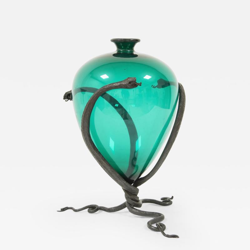 Umberto Bellotto Umberto Bellotto Snake Vase in green glass and wrought iron circa 1920
