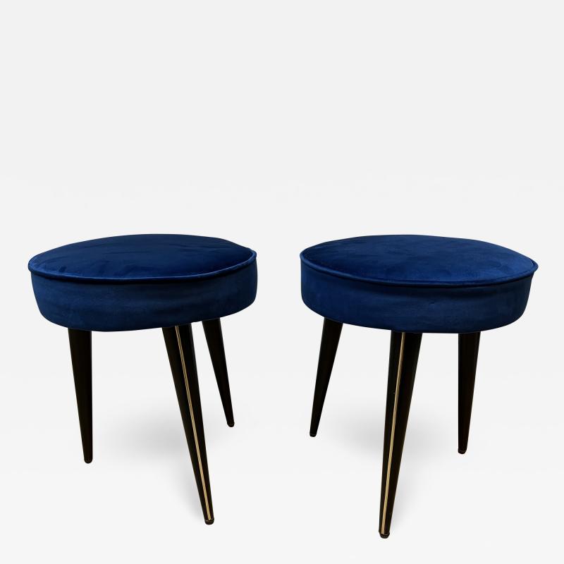 Umberto Mascagni Mid Century Pair of Stools Wood Brass Velvet by Umberto Mascagni Italy 1960s