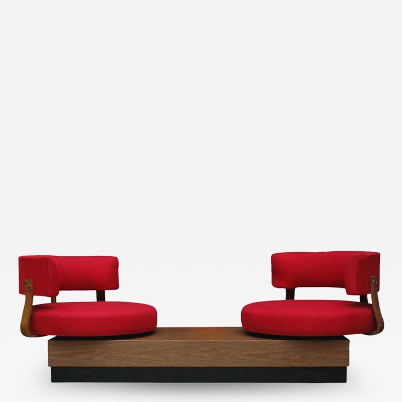 Unique Mid Century Modern Red Swivel Lounge Chairs Sofa on Platform Base