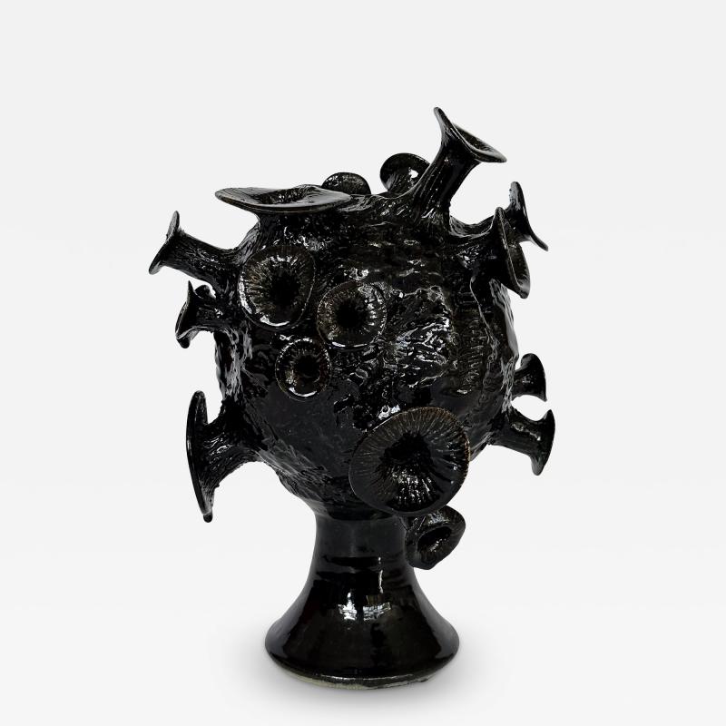 Unique Organic Form Black Glazed Pottery Sculpture