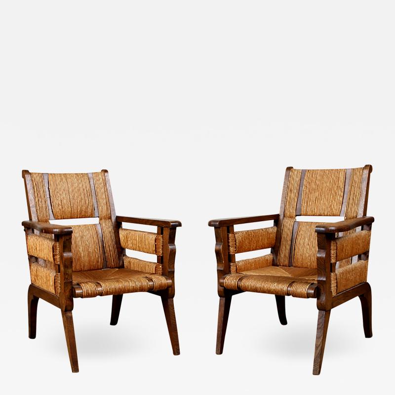 Unique Pair of French 1950s Oak Armchairs with Woven Seat and Back
