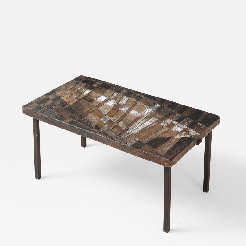 Unique Scored Ceramic French Coffee Table In Earth Tones France c 1960