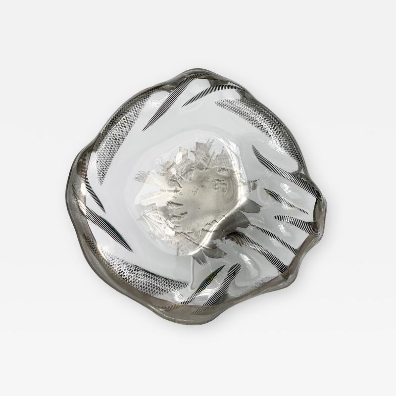 Unique Sculptural Art Glass Low Bowl with Silver Details