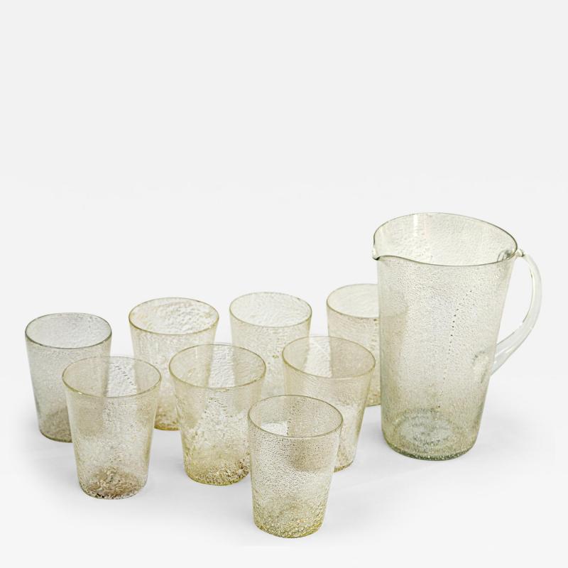 Unique Set Of 8 Modern Italian Murano Silver Blown Cups With Carafe