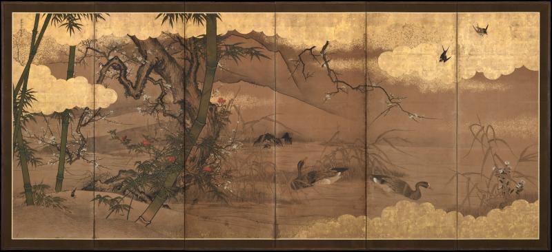 Unkoku Toyo 17th Century Japanese Unkoku Screen Flowers Birds of Winter and Early Spring