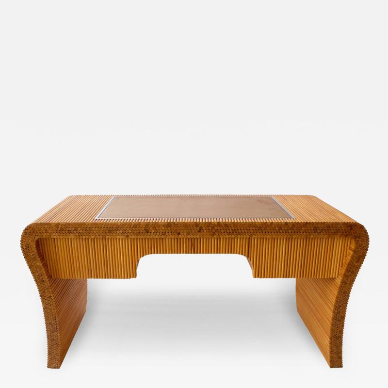 Unusual American Modern Bamboo Leather and Chrome Banded Desk Ernest Masi
