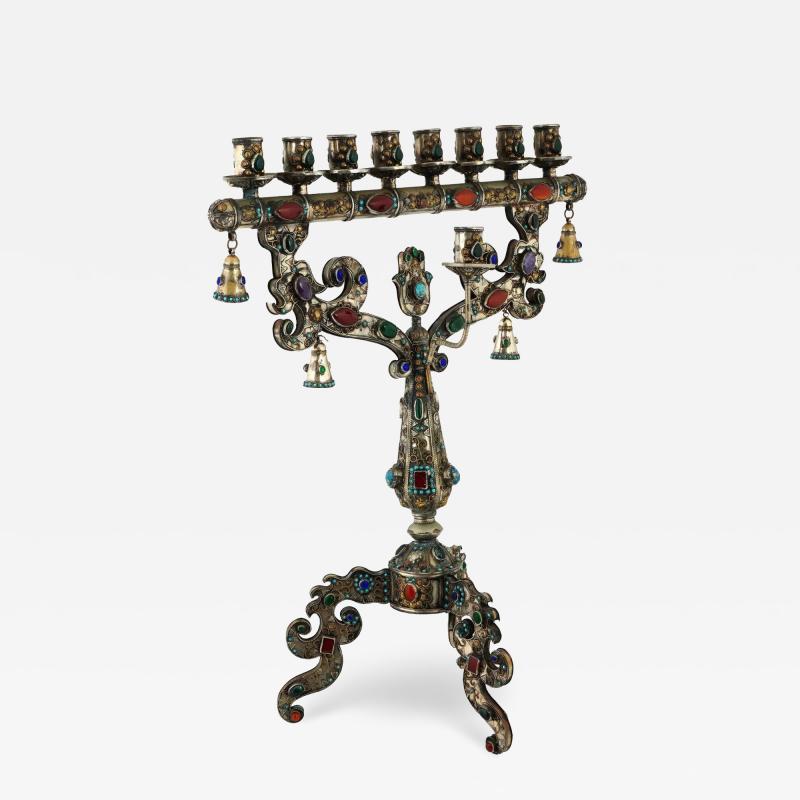 Unusual And Large Judaica Silver Plate Menorah With Gemstones