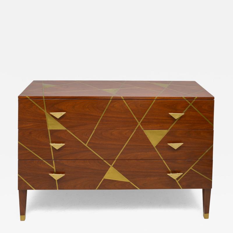 Unusual Brass inlaid Mahogany Chest with Geometric Pattern and Bronze Pulls