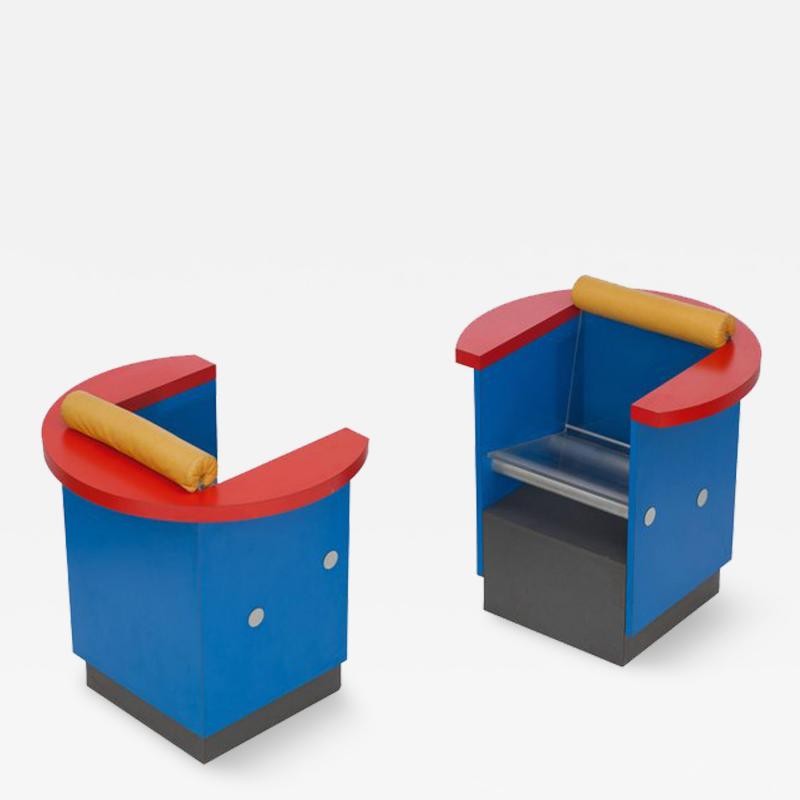 Unusual Pair of Blue Red and Yellow Memphis Chairs