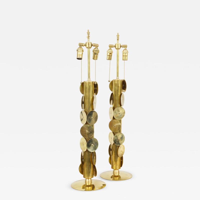 Unusual Pair of Brass Lamps with Applied Circular Brass Discs