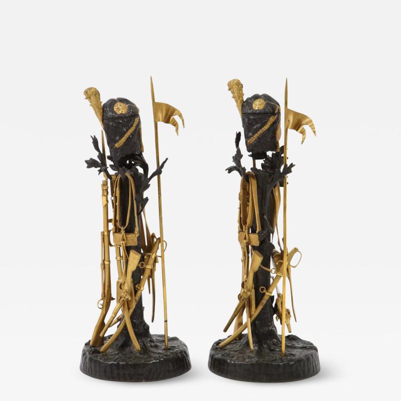 Unusual Pair of French Ormolu and Patinated Bronze Military Candlesticks