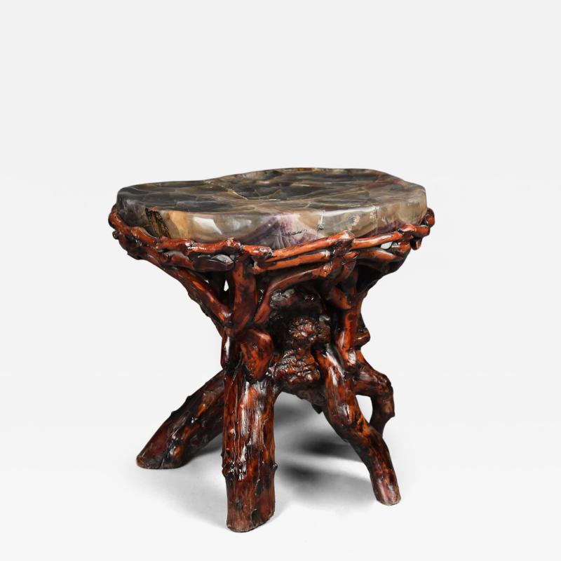 Unusual late 19thc Chinese rootwood table or stand with quartz top