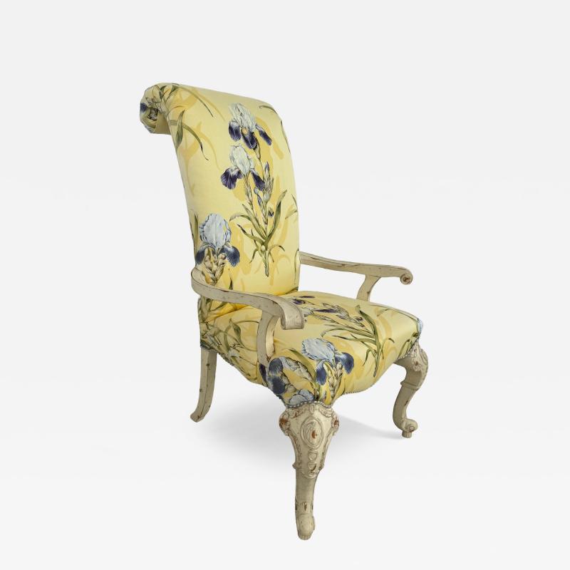 Upholstered Scroll back Carved French Style Armchair