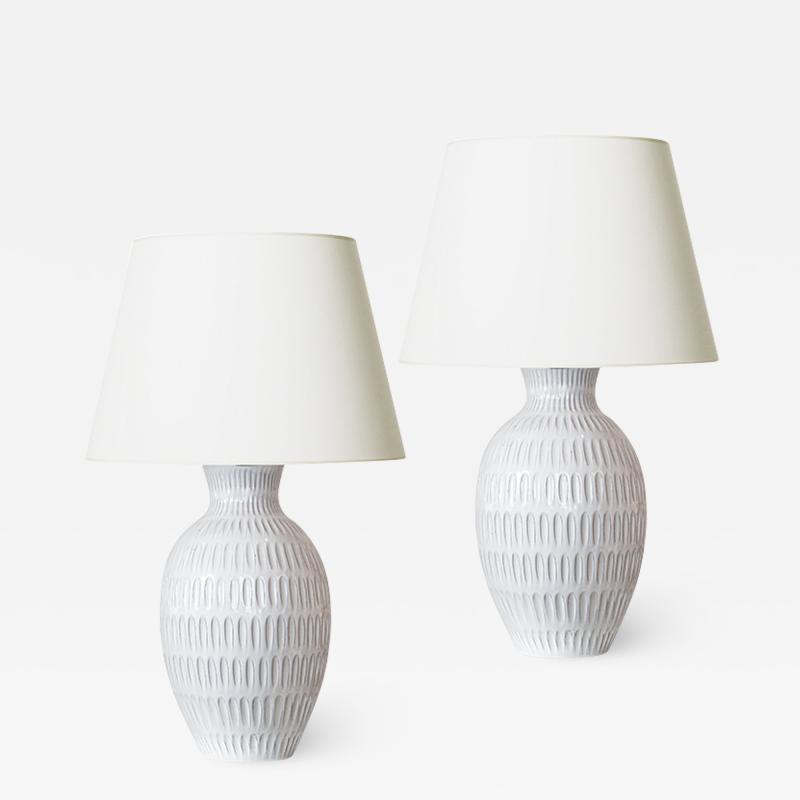 Upsala Ekeby Pair of Large Lamps with Gouged Pattern by Anna Lisa Thomson