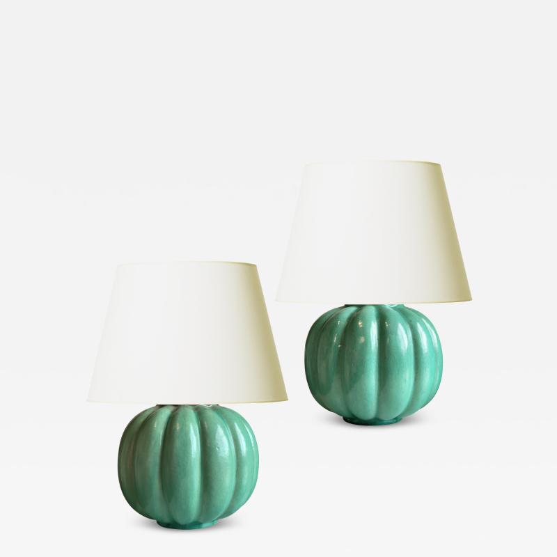 Upsala Ekeby Pair of Lobed Jade Green Lamps by Upsala Ekeby