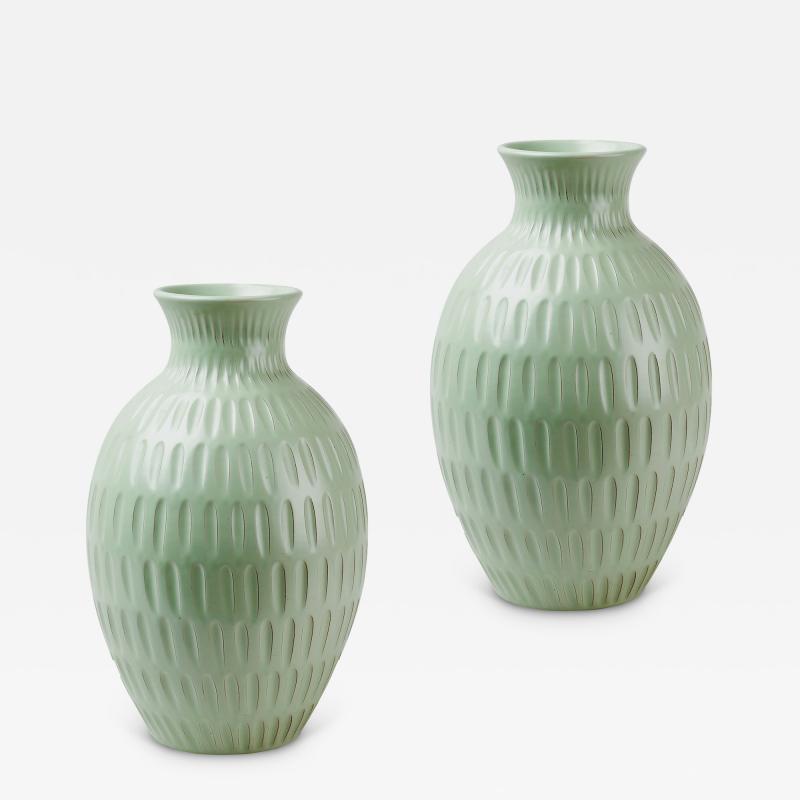 Upsala Ekeby Pair of Monumental Gouged Vases in Celadon Glaze by Anna Lisa Thomson