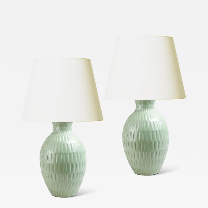 Upsala Ekeby Pair of Monumental Table Lamps in Bright Celadon by Anna Lisa Thomson for Ekeby