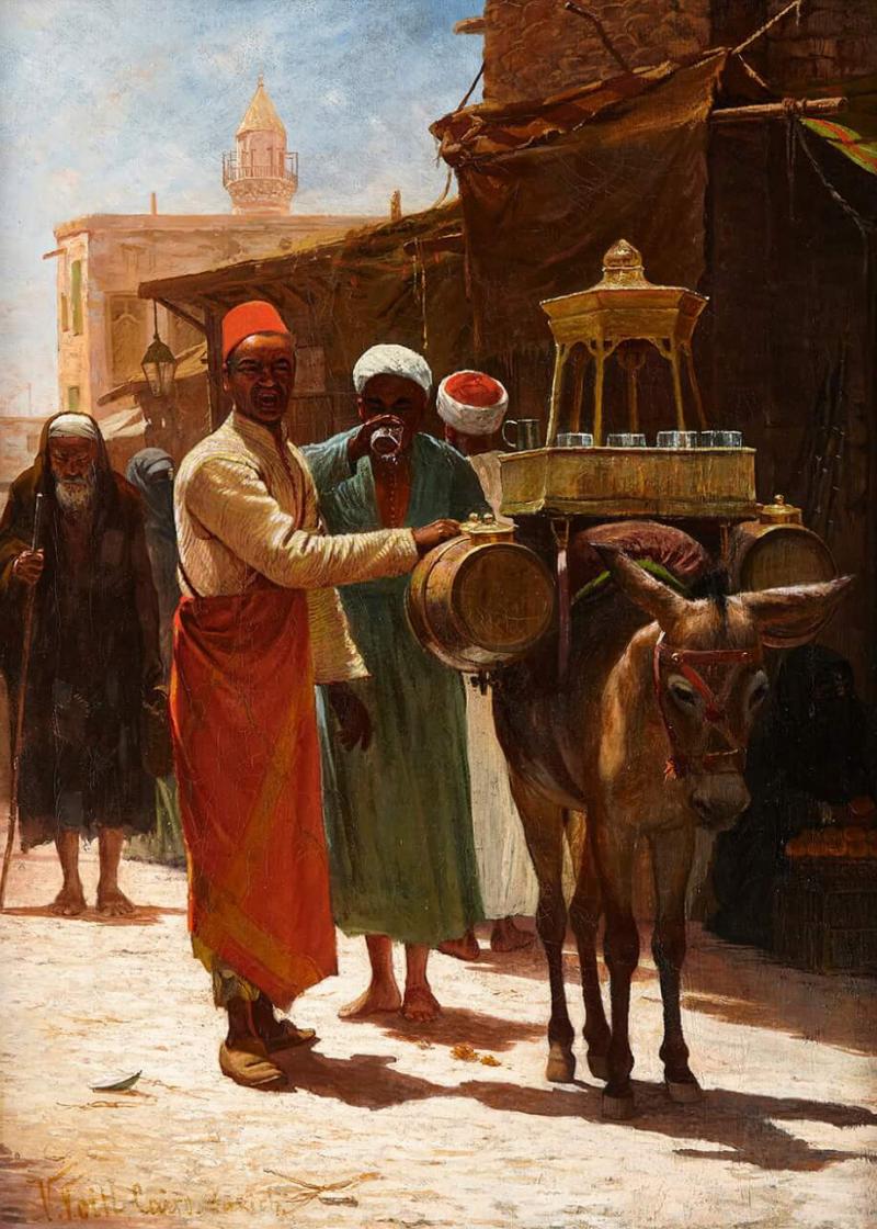 V Voill Orientalist oil painting of Cairo street and drinks salesman by Voill