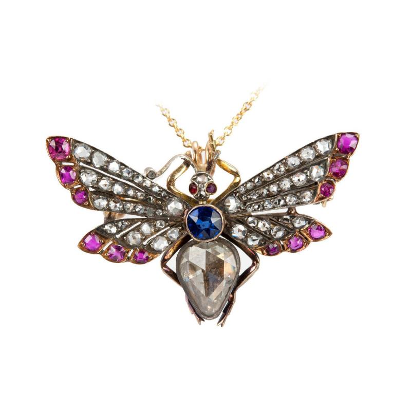 VICTORIAN BUTTERFLY NECKLACE WITH DIAMONDS RUBIES AND SAPPHIRES