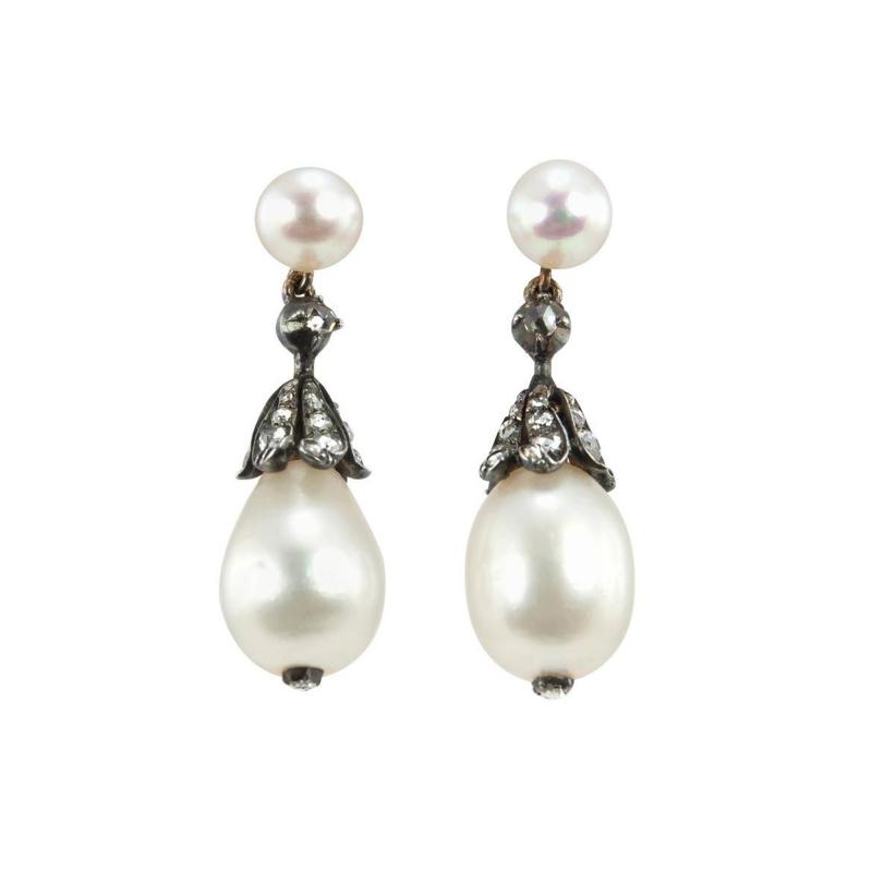 VICTORIAN NATURAL PEARL AND DIAMOND DANGLE EARRINGS