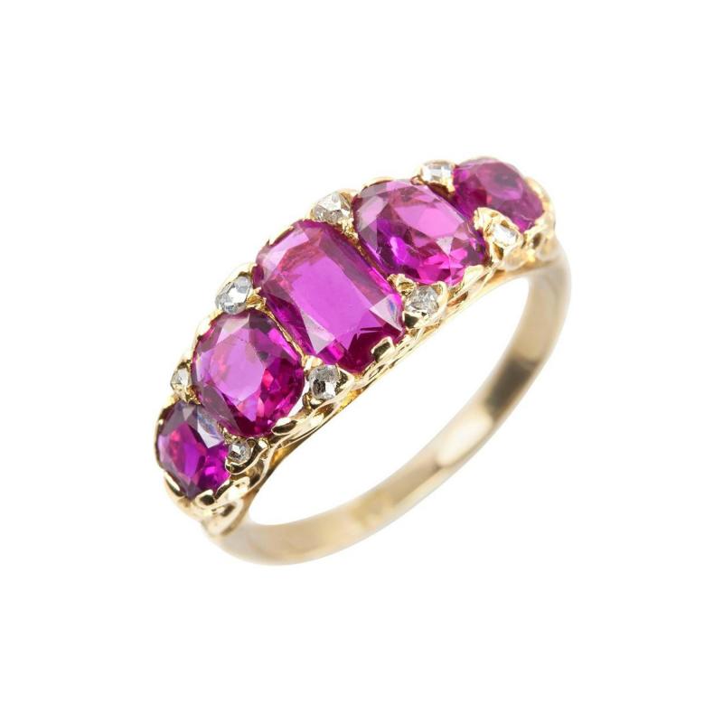 VICTORIAN RUBY AND DIAMOND FIVE STONE GOLD RING