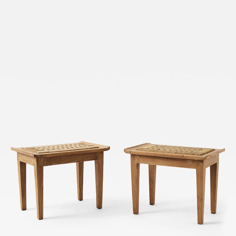 VINTAGE PAIR OF CERUSED OAK STOOLS WITH ROPE SEATS